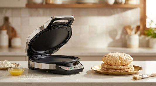 Stainless steel electric roti maker on an Indian kitchen counter with fresh rotis