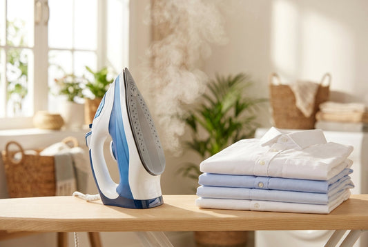 White and blue steam iron on a wooden board beside neatly folded crisp cotton shirts