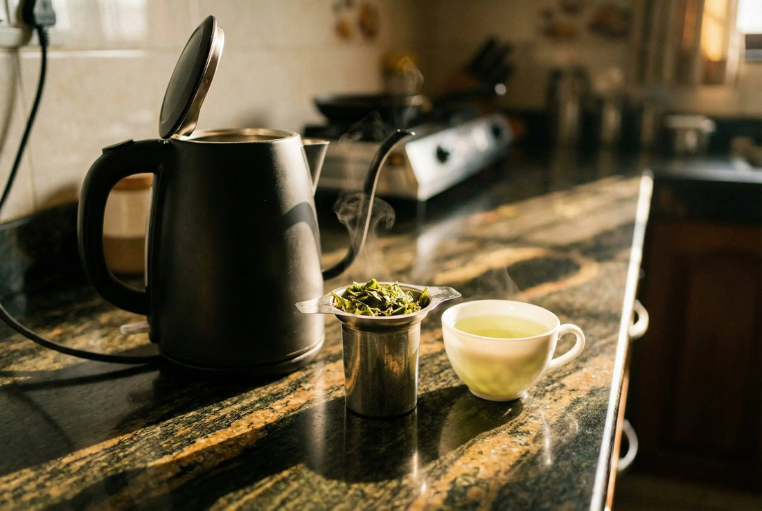 Electric kettle with stainless steel tea infuser and loose leaf green tea