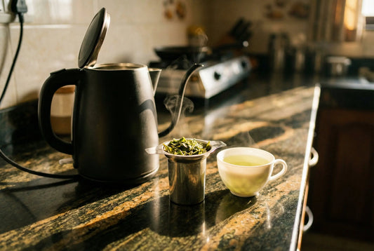 Electric kettle with stainless steel tea infuser and loose leaf green tea