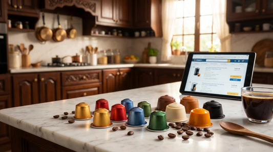 Coffee pods and capsules - Nespresso and Dolce Gusto arranged on surface