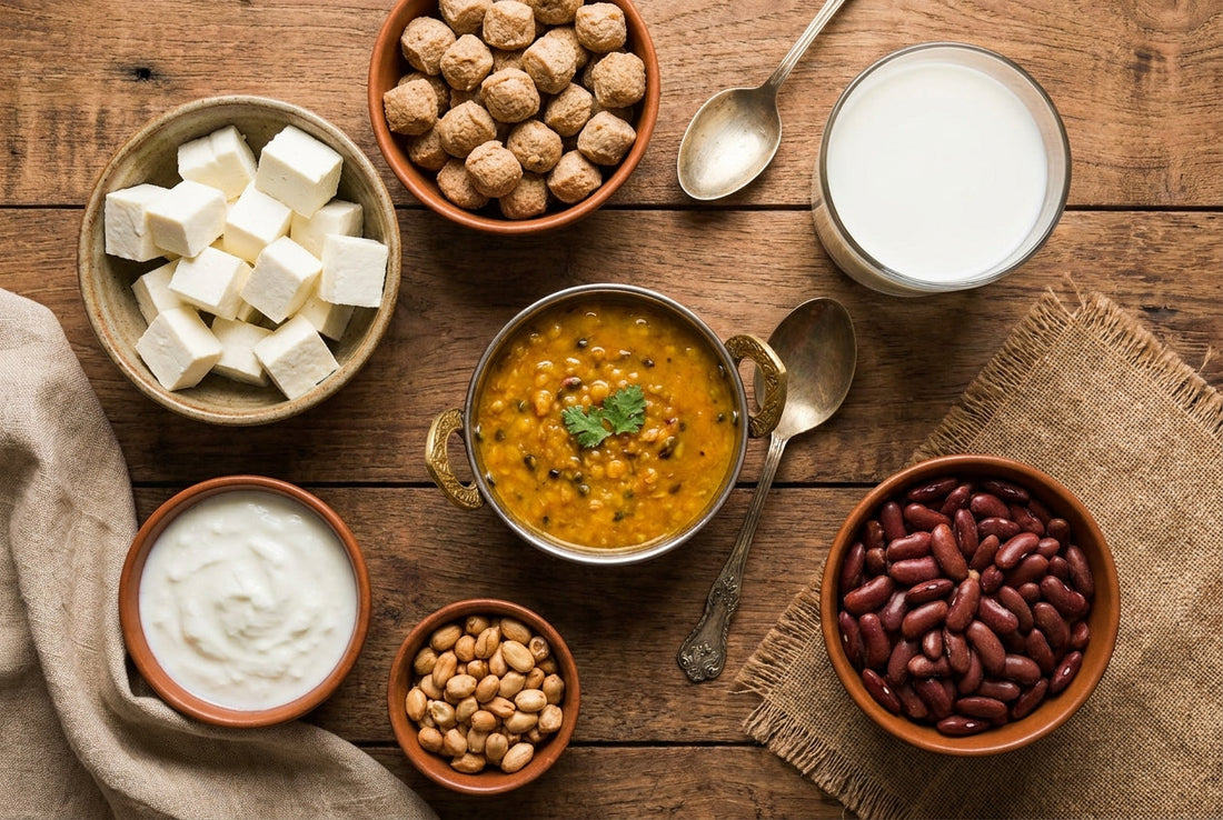 100g protein a day vegetarian foods: paneer, soya chunks, dal, milk, curd, peanuts, and rajma on a wooden table