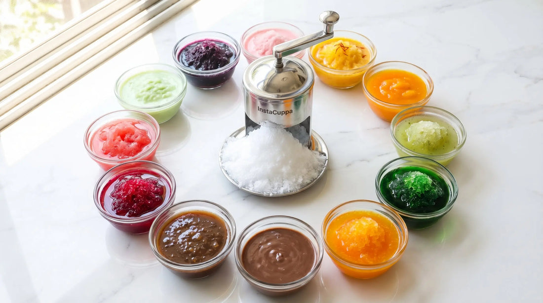 12 colorful ice gola syrups in glass bowls arranged in a circle around an InstaCuppa manual ice shaver on a white marble surface