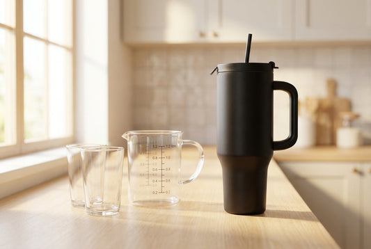 InstaCuppa 1200 ml insulated tumbler beside a 1.2 litre measuring jug and glasses for size comparison