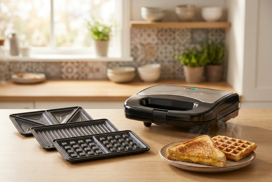 3-in-1 sandwich maker with detachable grill, waffle and toast plates beside a grilled sandwich