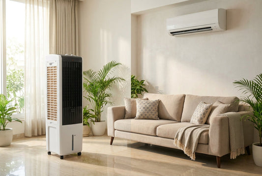 Air cooler vs AC compared side by side in an Indian living room in summer