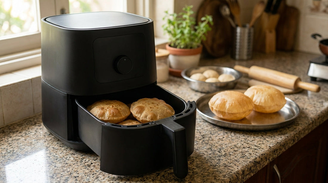 Air fryer puri - golden whole-wheat puris with a low dome in the pulled-out basket of a black air fryer, two fully puffed deep-fried puris on a steel plate behind, atta dough balls and a belan on a granite counter