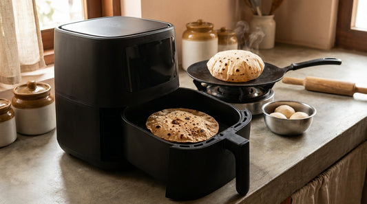 Air fryer roti - a flat, crisp whole-wheat roti in the basket of a black air fryer, with a fully puffed phulka on an iron tawa over a gas flame behind it, dough balls and a rolling pin on the counter