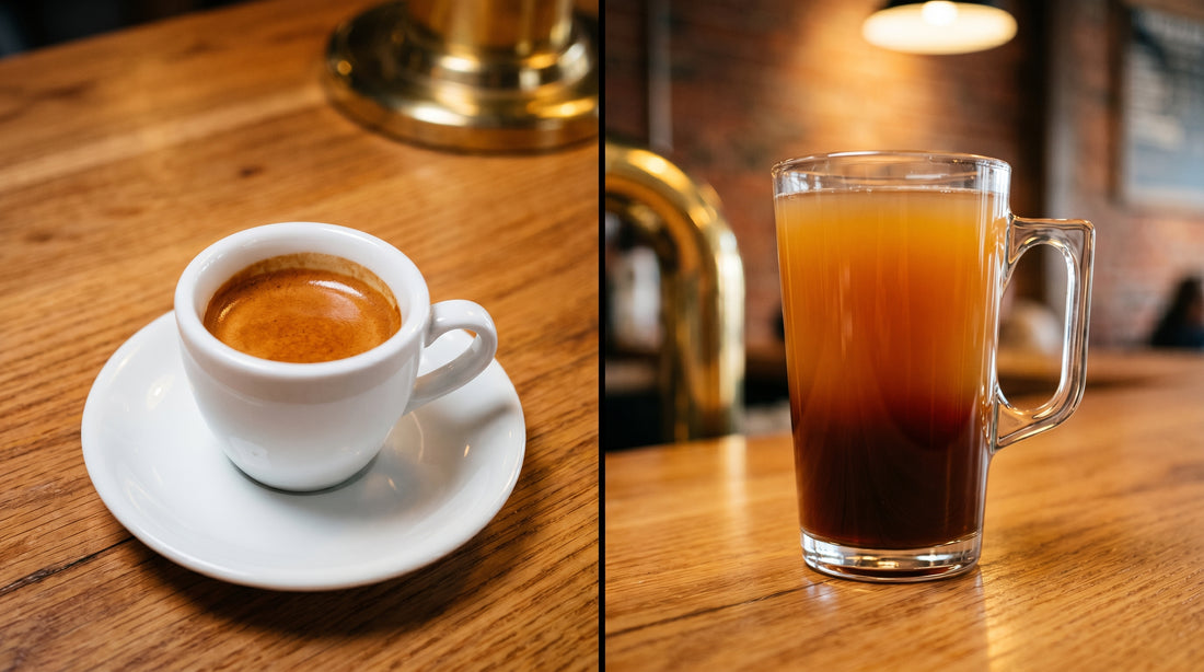 Americano vs espresso side by side comparison - espresso in demitasse cup and americano in clear glass mug