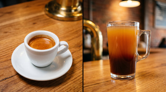 Americano vs espresso side by side comparison - espresso in demitasse cup and americano in clear glass mug