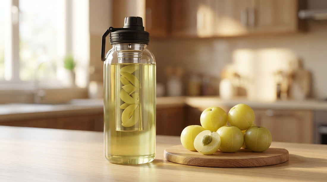 Amla water - a clear glass infuser bottle with a steel mesh infuser holding sliced amla in pale green water, beside whole and halved fresh amla (Indian gooseberry) on a wooden board in morning kitchen light