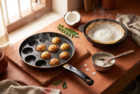 Appam maker — non-stick appe pan with golden paddu and an appachatty with soft Kerala appam