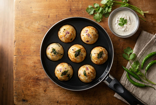 Appe maker recipes — golden paniyaram in a South Indian appe pan with coconut chutney
