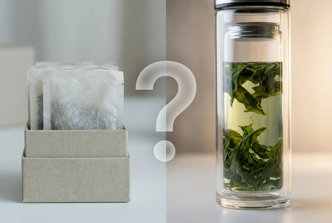 Commercial tea bags on left versus loose-leaf tea in glass infuser bottle on right