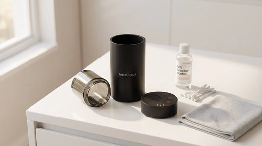 How to clean an InstaCuppa aroma diffuser — cleaning supplies on kitchen counter