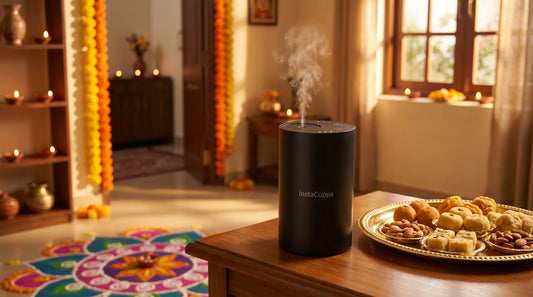 InstaCuppa Aroma Diffuser for Diwali - festive Indian home with rangoli, diyas, marigold garlands and sweets