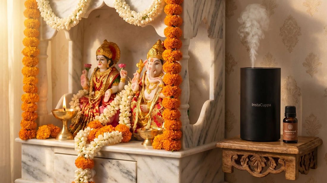 InstaCuppa aroma diffuser in a traditional Indian pooja room with marble mandir, Lakshmi and Ganesha statues, marigold garlands, and lit diya