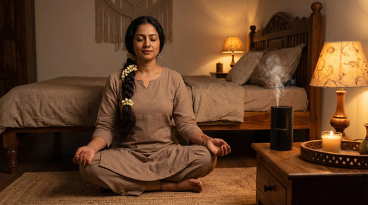 Indian woman meditating in warm bedroom with InstaCuppa aroma oil diffuser on bedside table