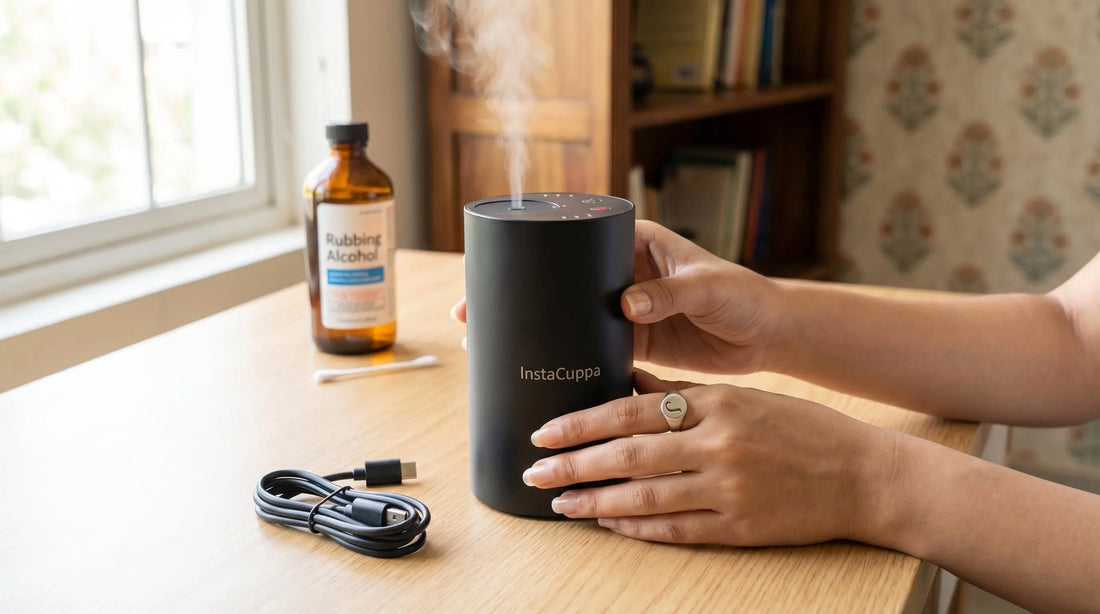 Aroma diffuser troubleshooting guide - InstaCuppa diffuser on desk with cleaning supplies