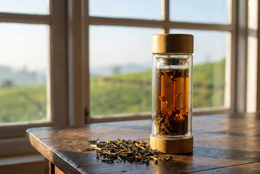 Glass tea infuser bottle filled with deep amber Assam Orthodox tea on a rustic wooden table