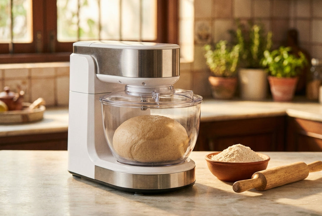 Atta kneader machine with a ball of kneaded wheat dough in its bowl next to flour and a rolling pin on an Indian kitchen counter