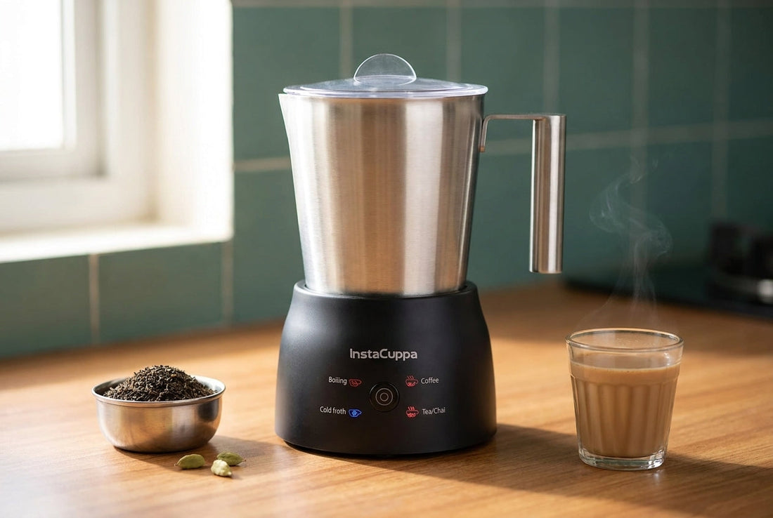 InstaCuppa Automatic Chai Maker steel carafe on a wooden kitchen counter beside a glass of chai - automatic tea maker review 2026