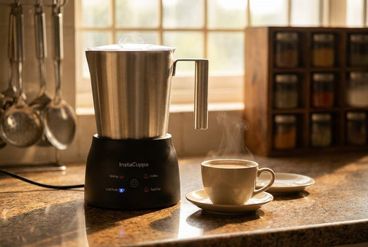 InstaCuppa stainless steel automatic tea maker with a cup of masala chai on an Indian kitchen counter
