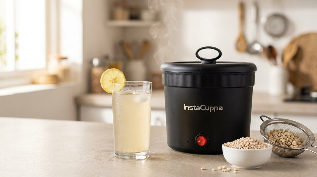 Barley water benefits - a glass of pale jau ka pani with a lemon wheel beside an InstaCuppa portable multi cook electric kettle, a bowl of pearl barley and a steel strainer