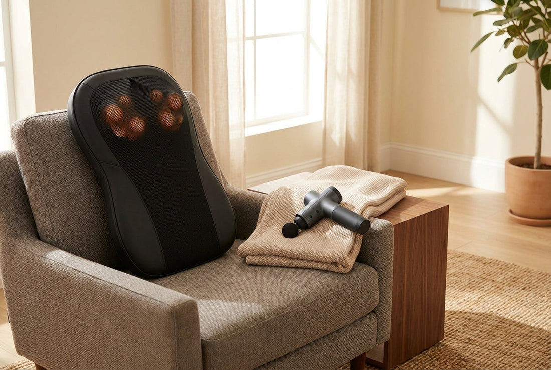 Best back massager in India 2026 — shiatsu cushion and percussion massage gun on an armchair
