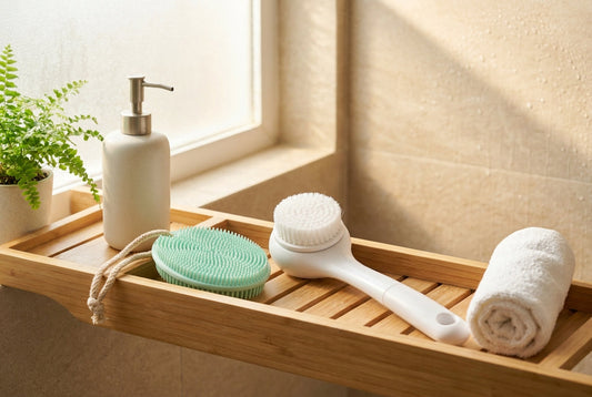 Best body scrubber in India 2026 — silicone body scrubber, electric bath brush and washcloth on a wooden bathroom tray