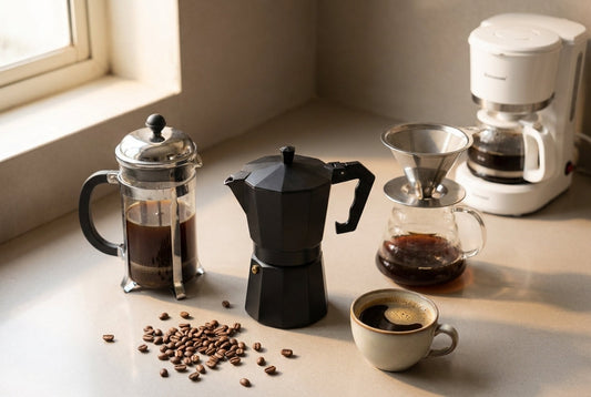 Coffee machines under Rs 5000 in India — moka pot, French press, pour-over and drip filter on a kitchen counter