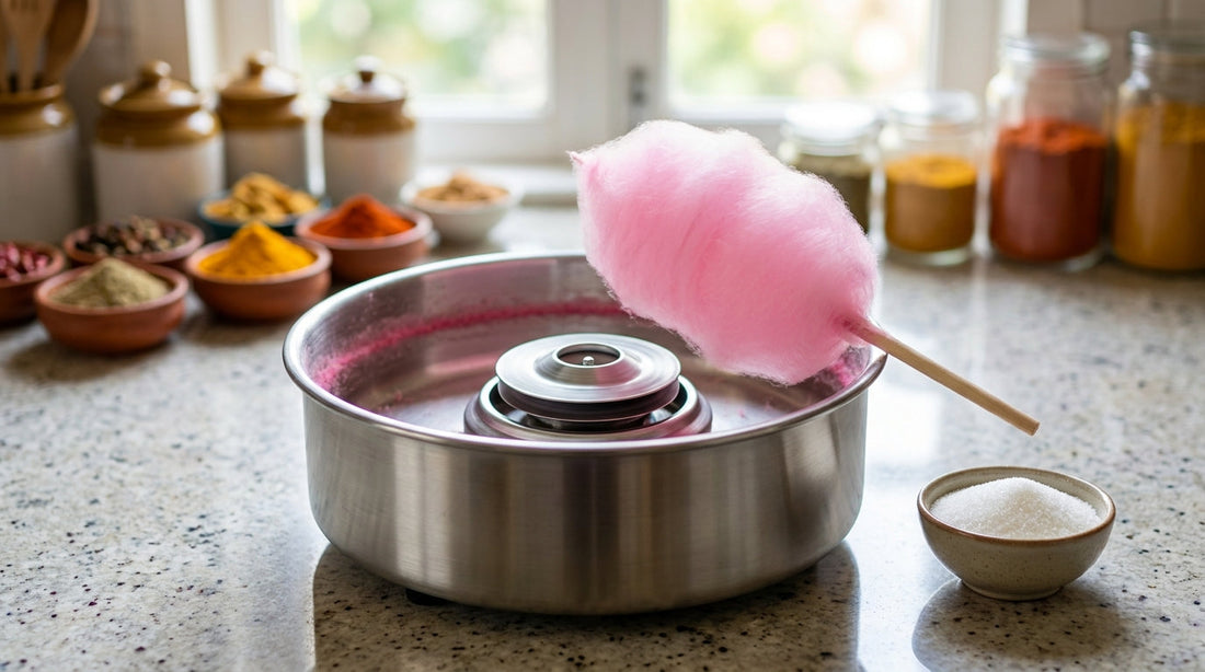 Home cotton candy machine with a pink cotton candy cone in an Indian kitchen — best cotton candy machine India