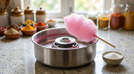 Home cotton candy machine with a pink cotton candy cone in an Indian kitchen — best cotton candy machine India