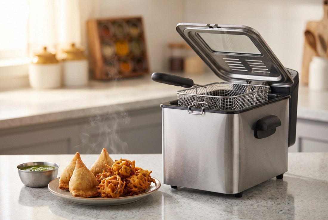 Stainless steel electric deep fryer with golden samosas and pakoras in an Indian kitchen - best deep fryer in India 2026