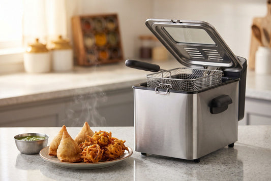 Stainless steel electric deep fryer with golden samosas and pakoras in an Indian kitchen - best deep fryer in India 2026