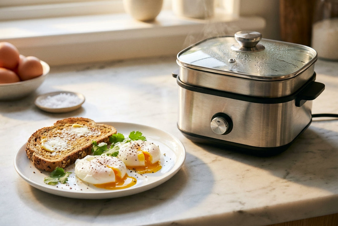 Best egg poacher in India — poached eggs and a stainless-steel electric egg poacher on a kitchen counter