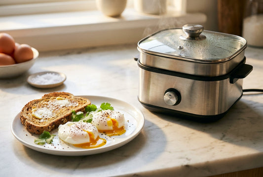 Best egg poacher in India — poached eggs and a stainless-steel electric egg poacher on a kitchen counter