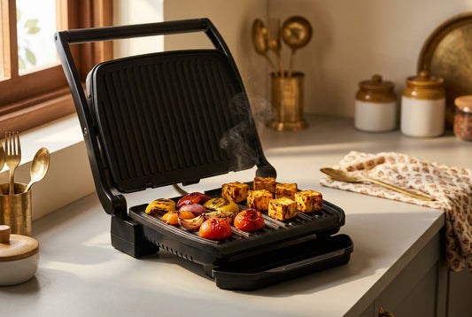Best electric grill in India cooking paneer tikka and grilled vegetables in an Indian kitchen