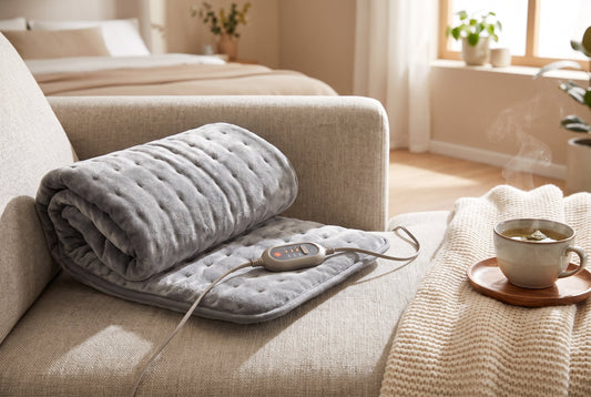 Electric heating pad with a controller resting on a sofa with a warm throw and a cup of tea