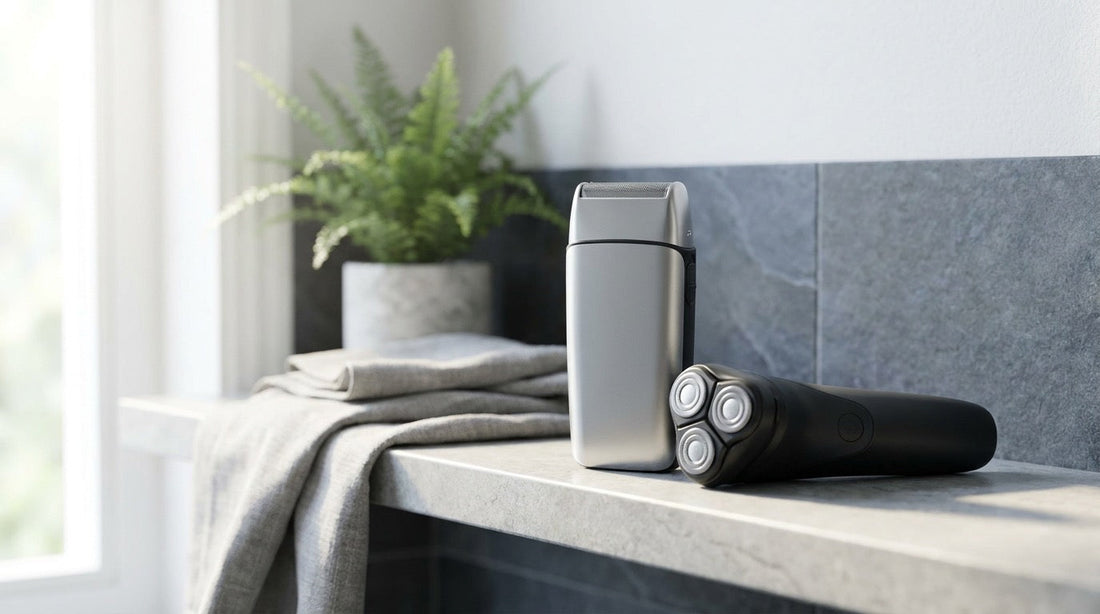 A silver foil electric shaver and a black rotary electric shaver on a bathroom shelf — best electric shaver for men in India 2026
