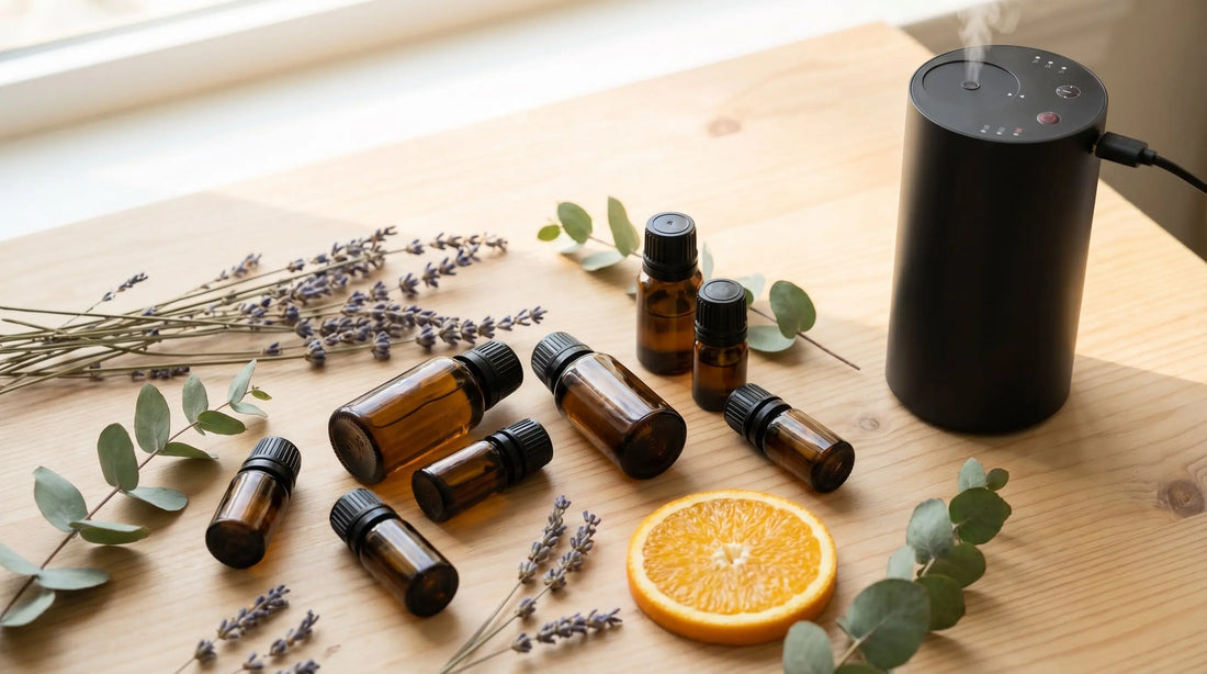 Best essential oils for diffuser - flat lay of dark glass bottles with lavender, eucalyptus, and orange on light wood
