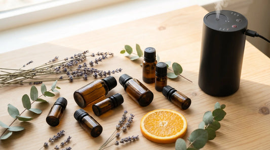 Best essential oils for diffuser - flat lay of dark glass bottles with lavender, eucalyptus, and orange on light wood