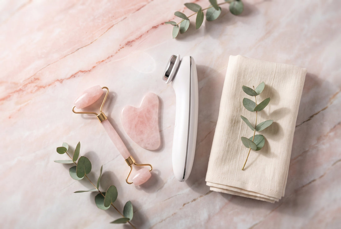 Best facial massager in India 2026 — rose quartz face roller, gua sha stone and electric facial massager on a marble vanity