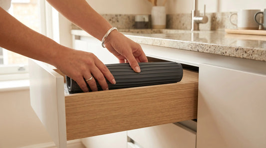 Foldable silicone dish drying mat rolled up next to a compact Indian kitchen sink