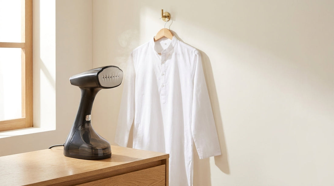 InstaCuppa Foldable Garment Steamer on a wooden dresser beside a hanging white cotton kurta - best garment steamer in India 2026