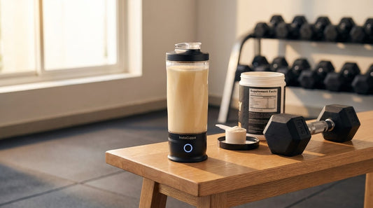 InstaCuppa Electric Protein Shaker 600ml with a protein shake on a wooden gym bench beside a whey tub and dumbbell - InstaCuppa