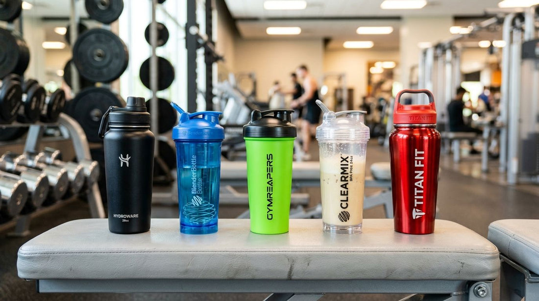 Five gym shaker bottles compared on a gym bench - best gym shaker India 2026