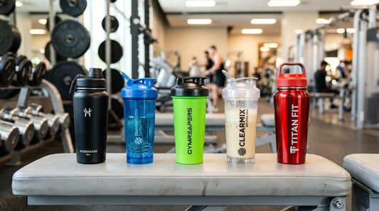 Five gym shaker bottles compared on a gym bench - best gym shaker India 2026