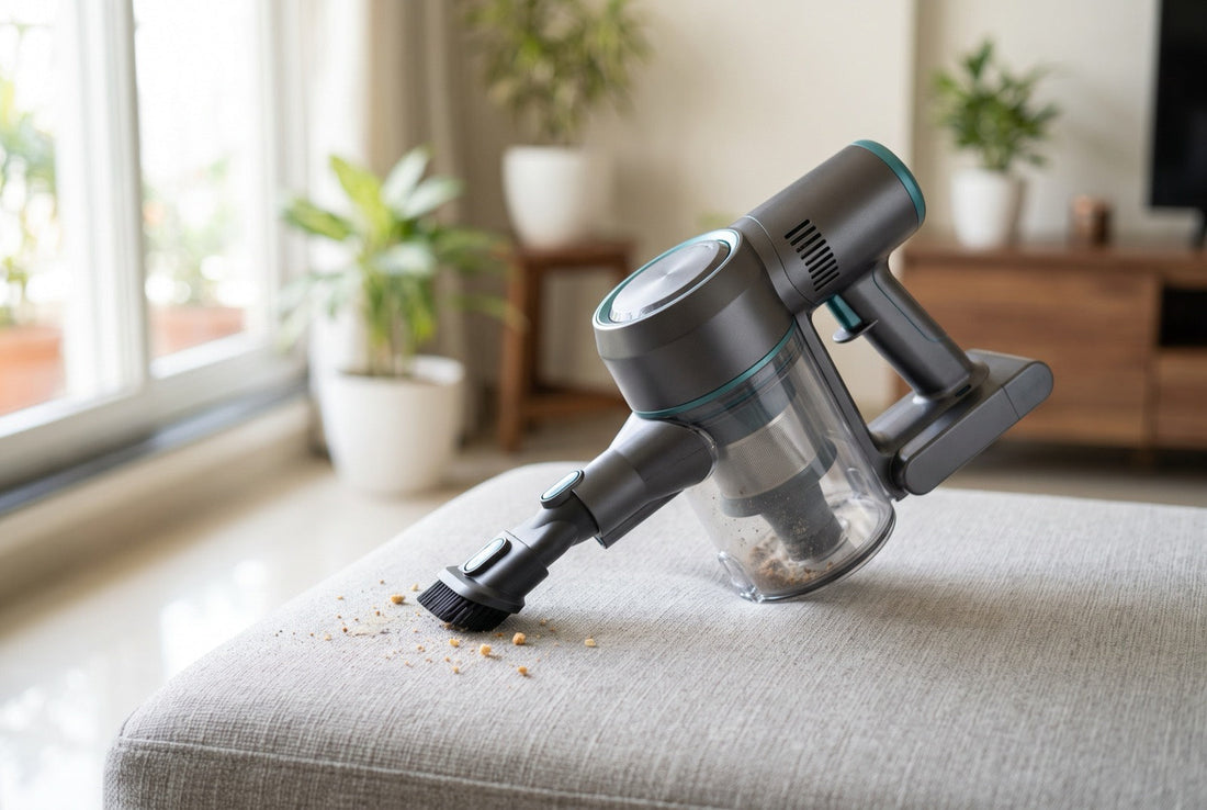 Cordless handheld vacuum cleaner cleaning a sofa in an Indian home