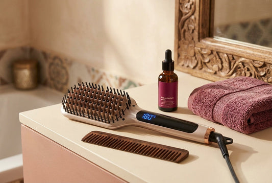 Best hot comb for hair in India 2026 — heated straightening brush on a vanity